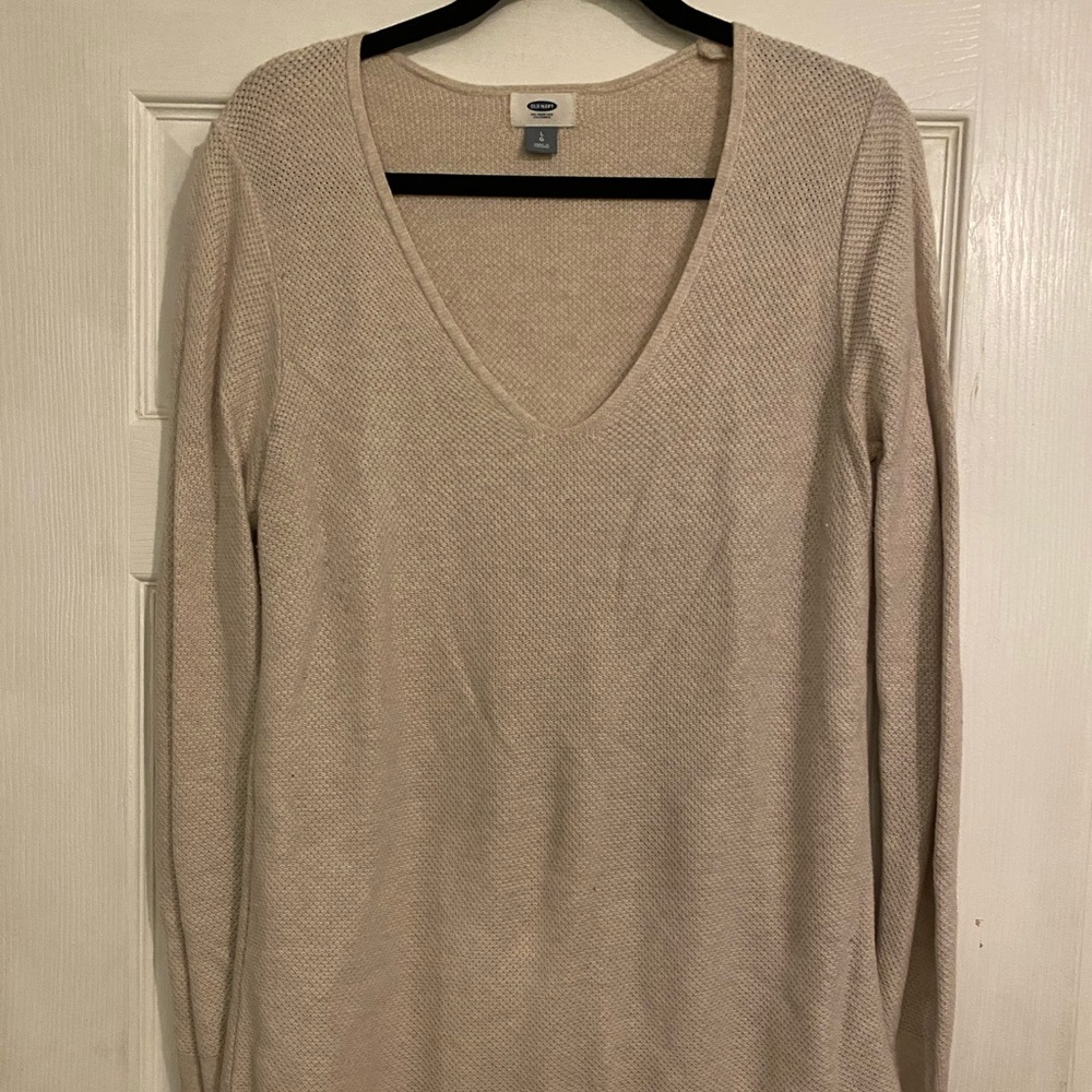 Beige V-Neck Tunic Sweater